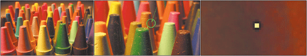 Four bad pixels are lurking here (left), Zooming in identifies the hot pixels (center), The bad pixels will cause an ugly blotch like this in every photo taken (right)